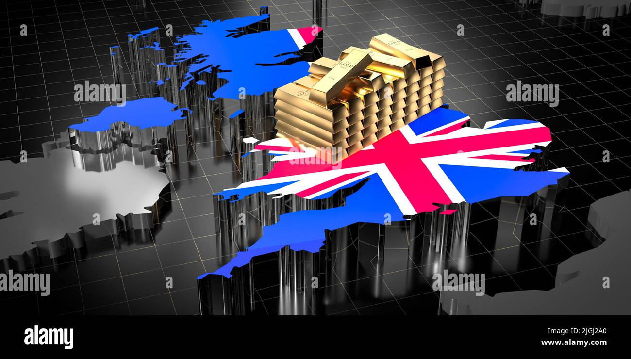 United Kingdom map and flag, gold ingots - 3D illustration Stock Photo