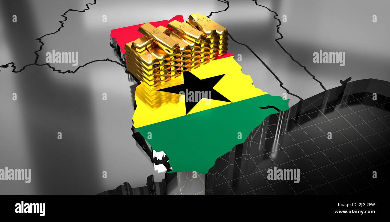 Ghana map and flag, gold ingots - 3D illustration Stock Photo