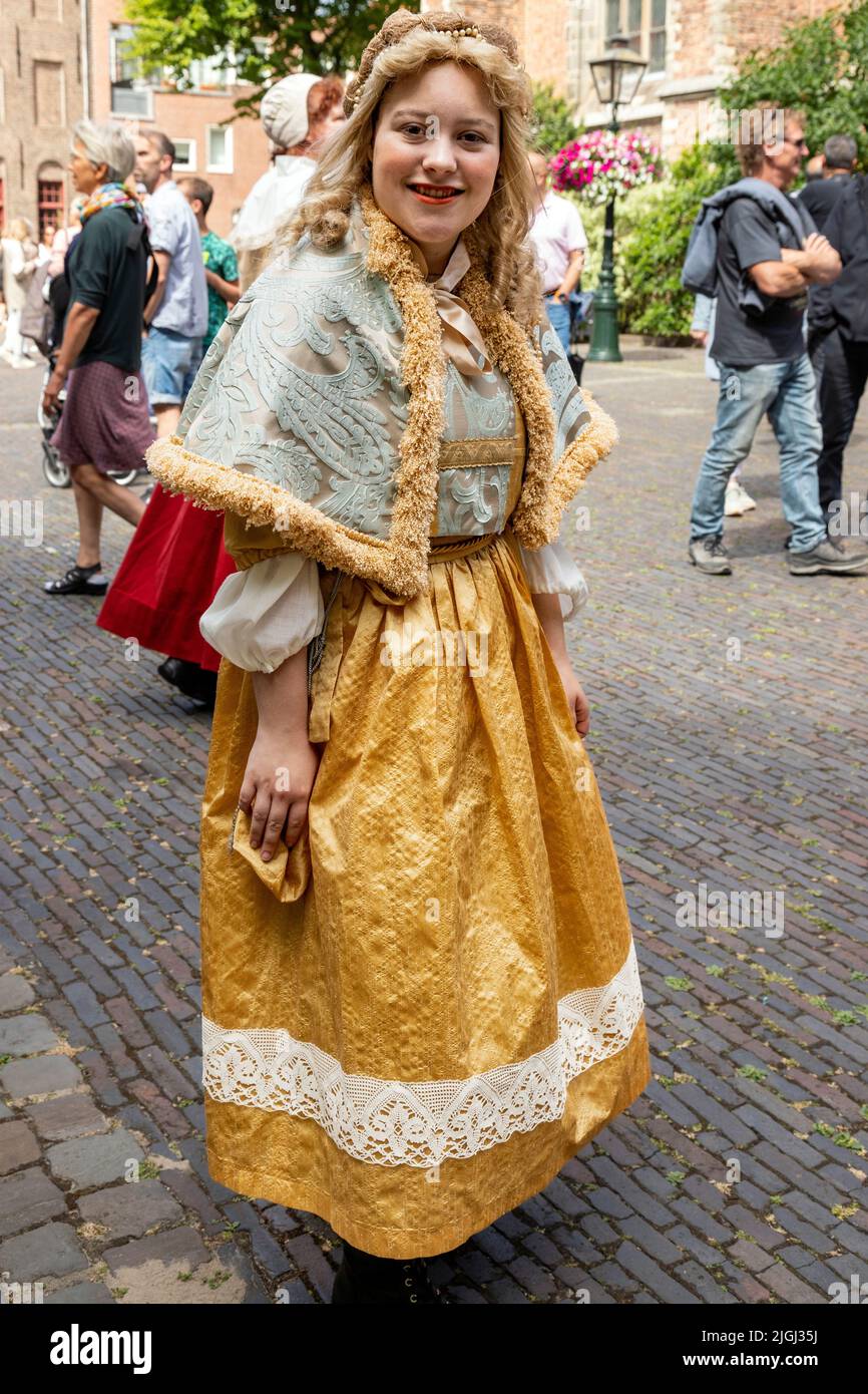 Girl from The Night Watch painting at the Reenactment festival of Rembrandt van Rijn, his paintings and era, Leiden, South Holland, Netherlands. Stock Photo