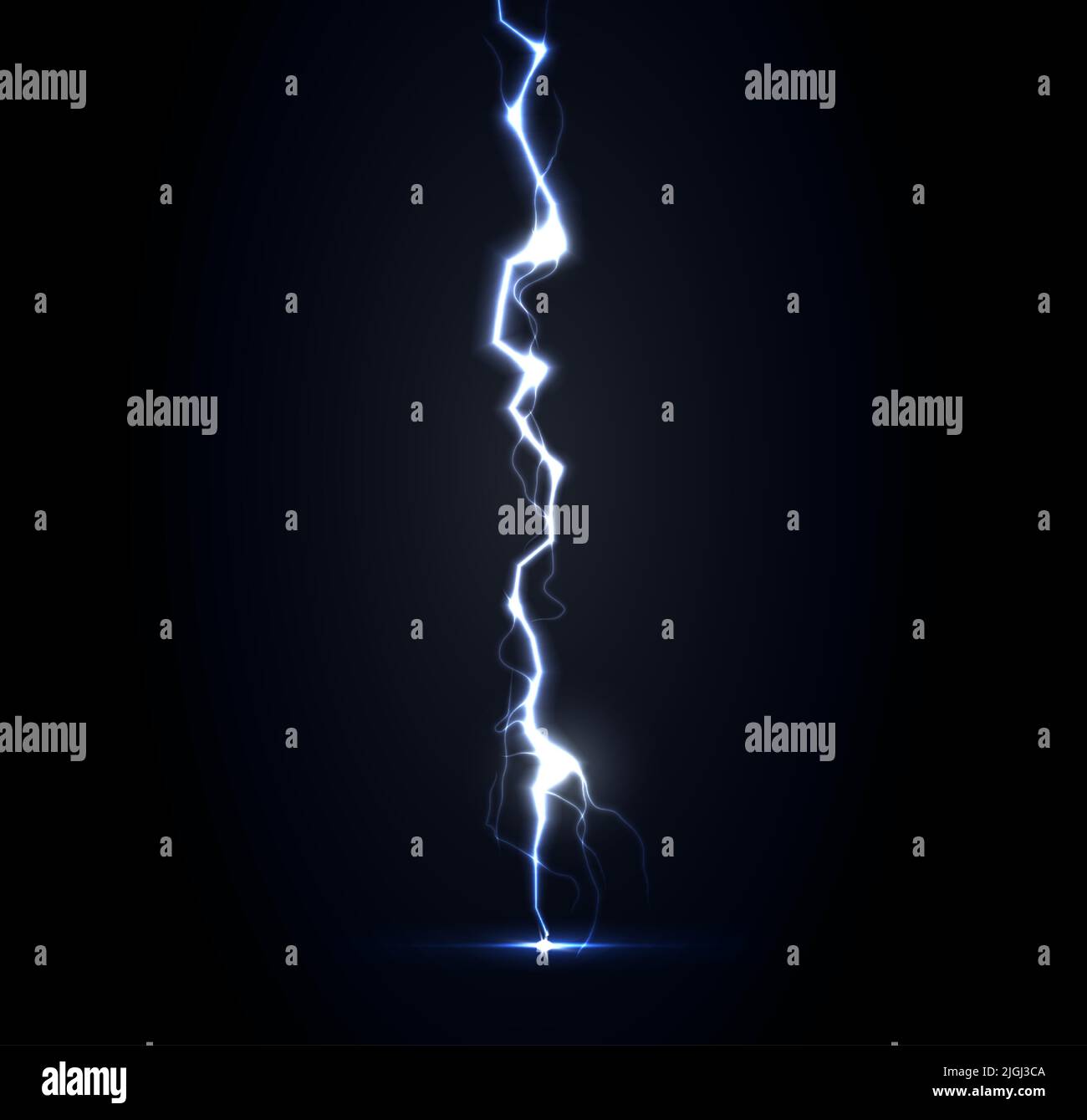 Thunderbolt vector illustration. Blue lightning strike on dark background. Vertical lightning, realistic thunderstorm . Nature, spring rainy weather Stock Vector