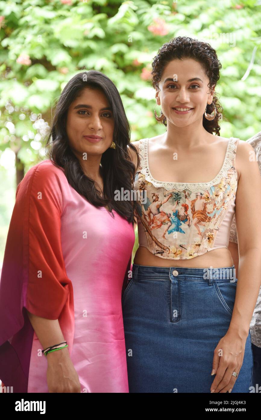 New Delhi, India. 11th July, 2022. Bollywood star Taapsee Pannu (right) poses for a photo with former Test and One Day International (ODI) captain of the India women's national cricket team, Mithali Raj in New Delhi. Taapsee plays the titular role in Shabaash Mithu, an upcoming Indian Hindi-language biographical sports drama film based on the life of former Test and One Day International (ODI) captain of the India women's national cricket team, Mithali Raj. (Photo by Sondeep Shankar/Pacific Press) Credit: Pacific Press Media Production Corp./Alamy Live News Stock Photo