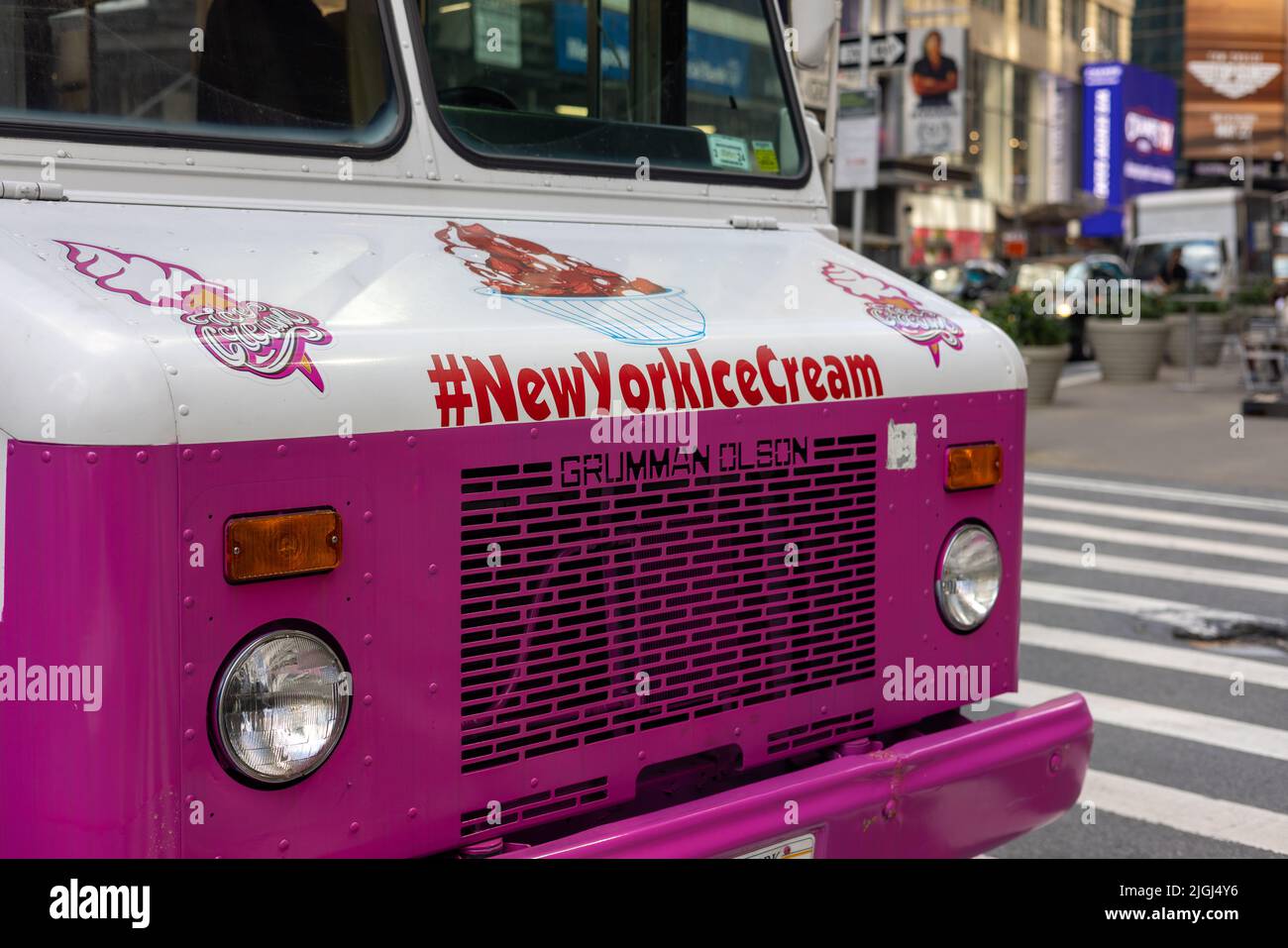 The front part of a purple and white New York Ice Cream truck in the