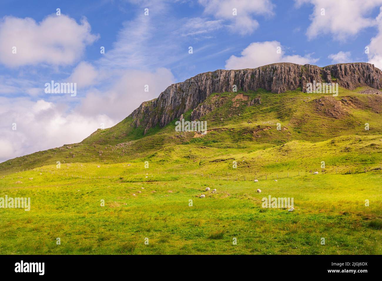 view on view on mountain ridge from Duntulm castle, Isle of Skye, Scotland Stock Photo