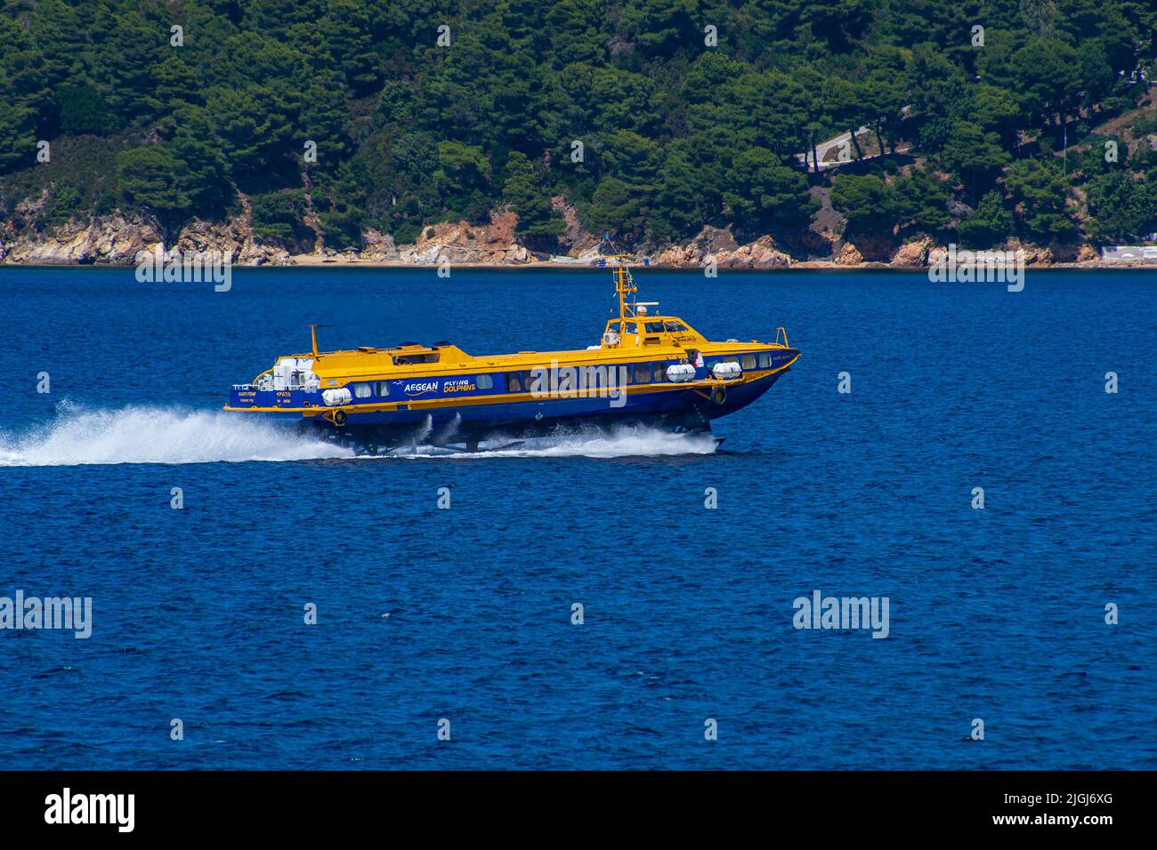 Erato flying dolphin boat from Aegean company arrives in Skiathos island, Sporades, Greece Stock Photo