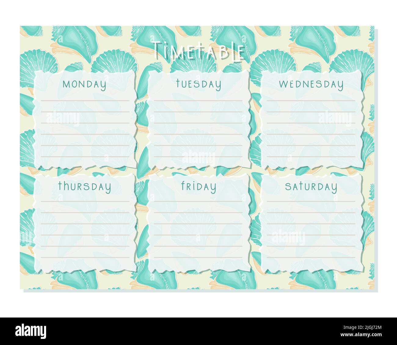 Timetable ,seashells, Class schedule, weekly calendar , schedule. Organizer information template. Empty school timetable, Planning sheet planning. Vector illustration Stock Vector