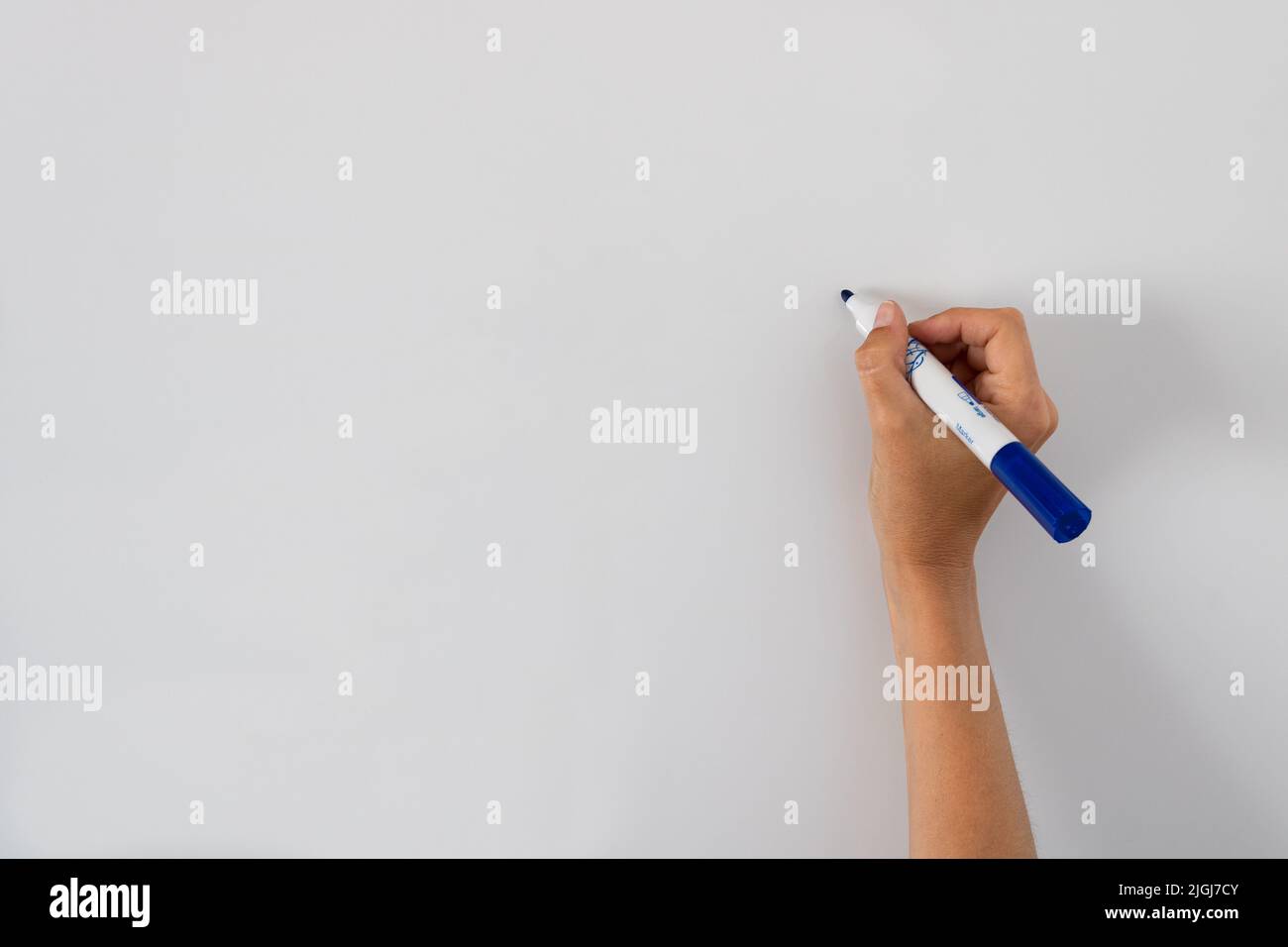 Close-up of female's hand holding a blue marker writing or drawing on white board. Background with the concept of business or education Stock Photo