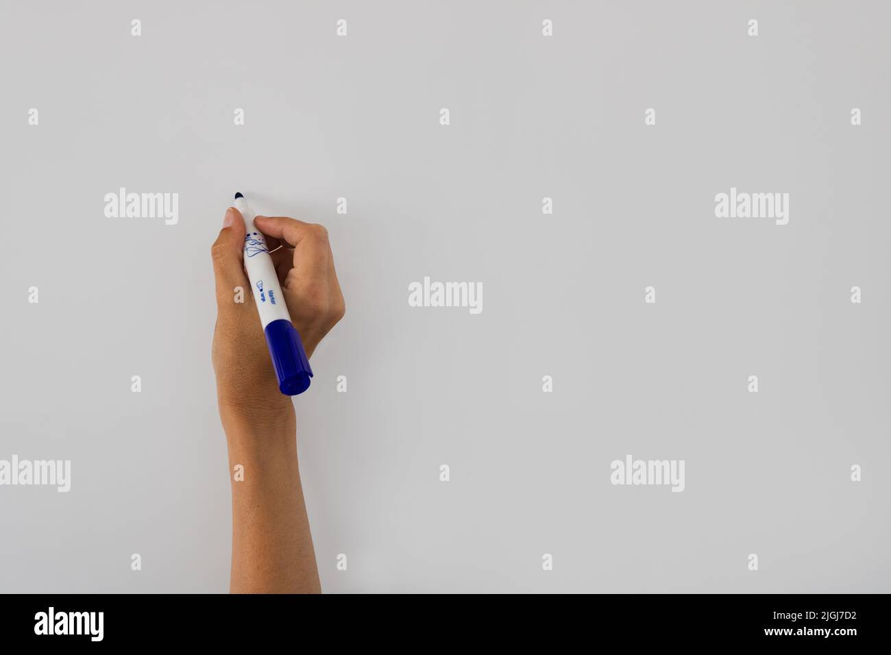 Close-up of female's hand holding a blue marker and writing or drawing on whiteboard. Background with the concept of business or education Stock Photo