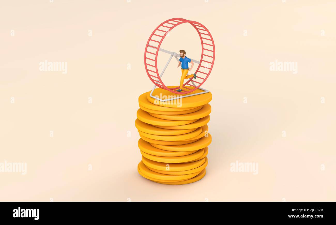 Office worker running in a loop on a hamster wheel. Business rat race concept. 3D Rendering Stock Photo