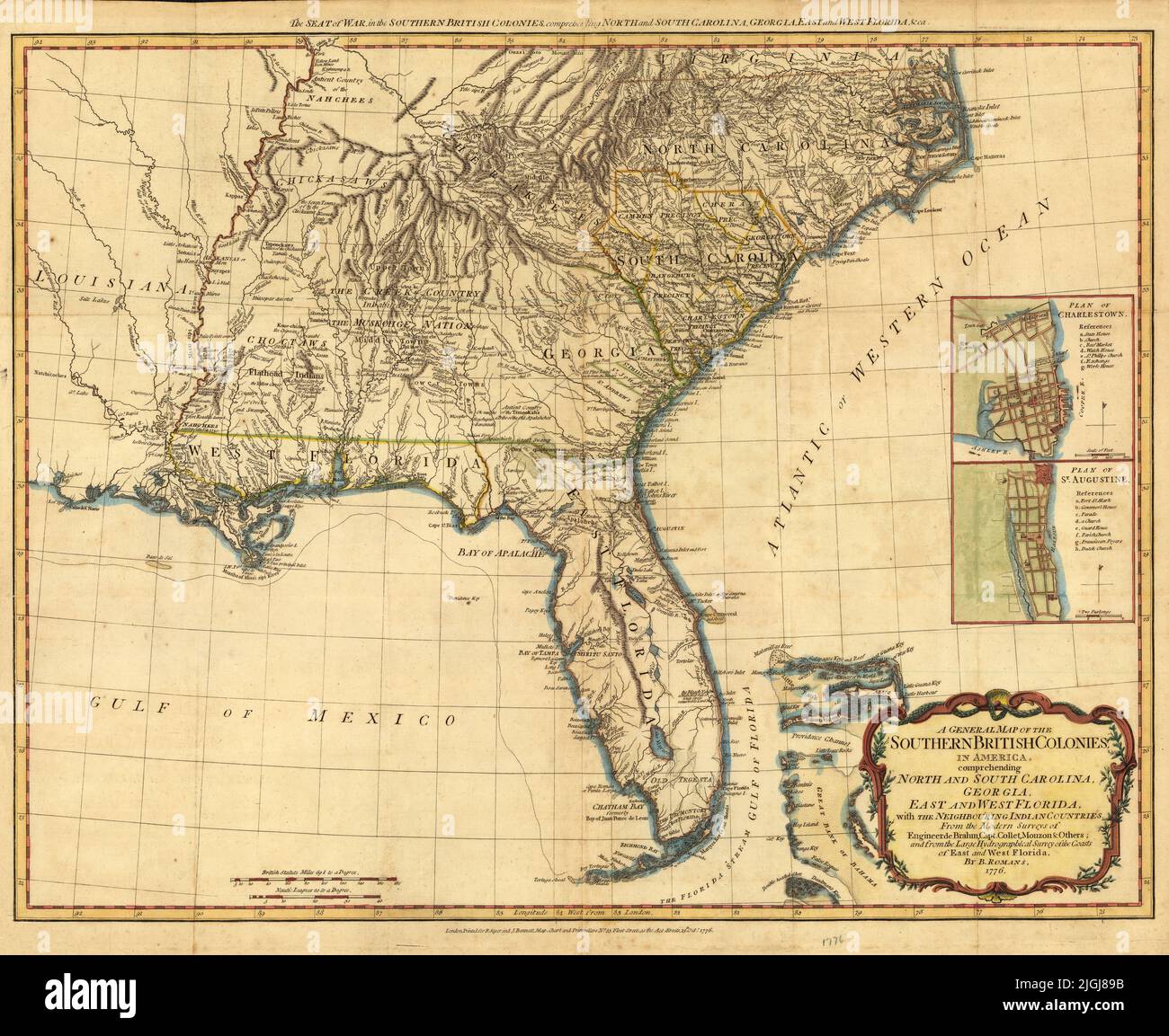 Map of the Southern British Colonies including North and South Carolina, Georgia, East and West Florida, 1776, by Bernard Romans Stock Photo