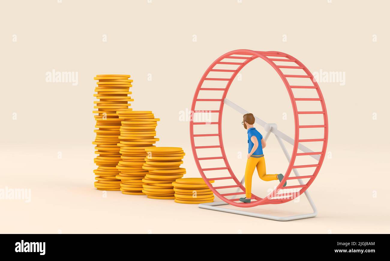 Office worker running in a loop on a hamster wheel. Business rat race concept. 3D Rendering Stock Photo