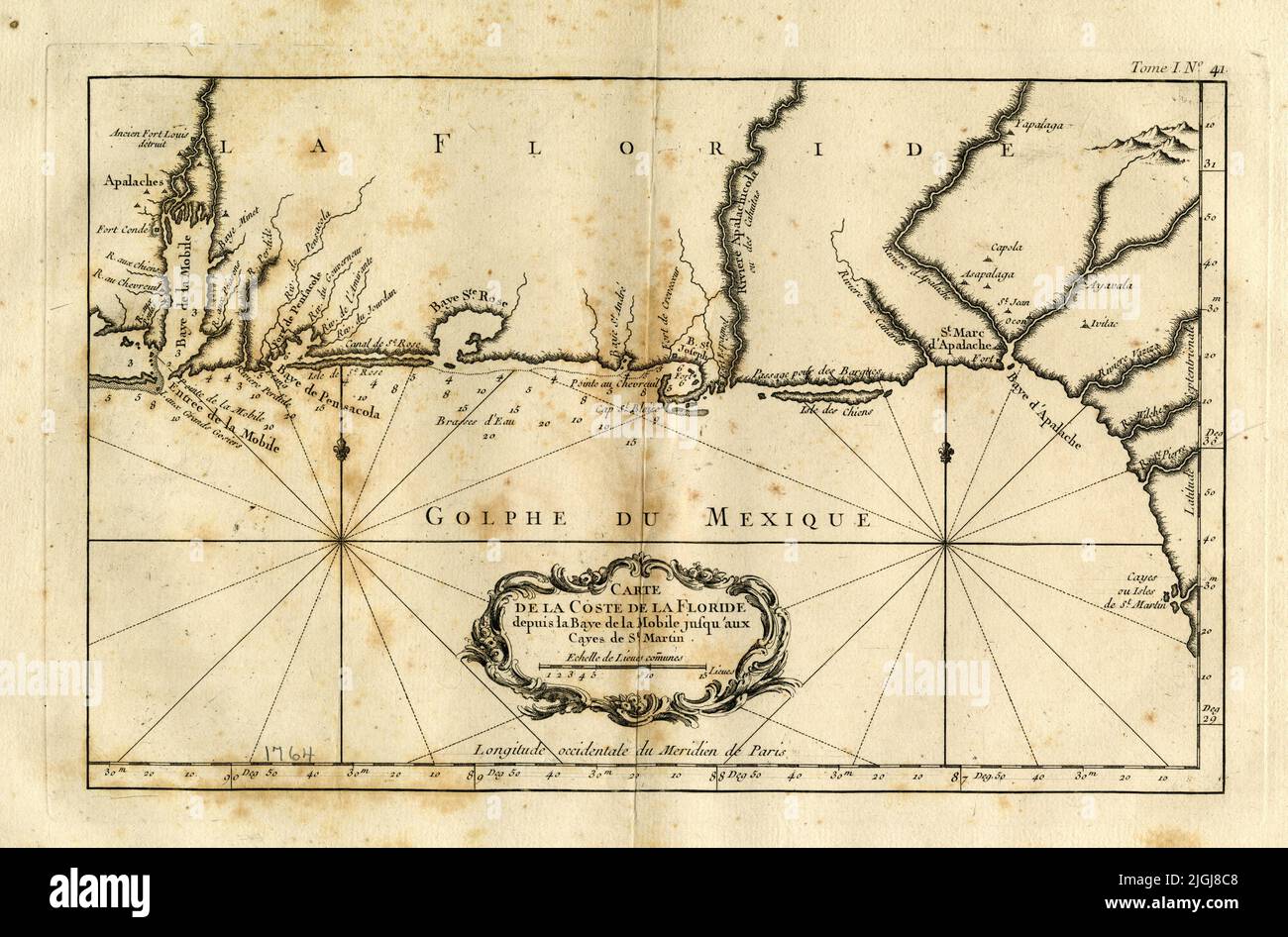 French Map of the Coast of Florida along the Gulf of Mexico, 1764, by Jacques Nicolas Bellin Stock Photo