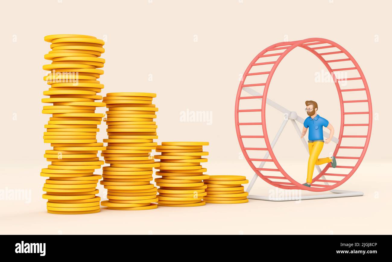 Office worker running in a loop on a hamster wheel. Business rat race concept. 3D Rendering Stock Photo