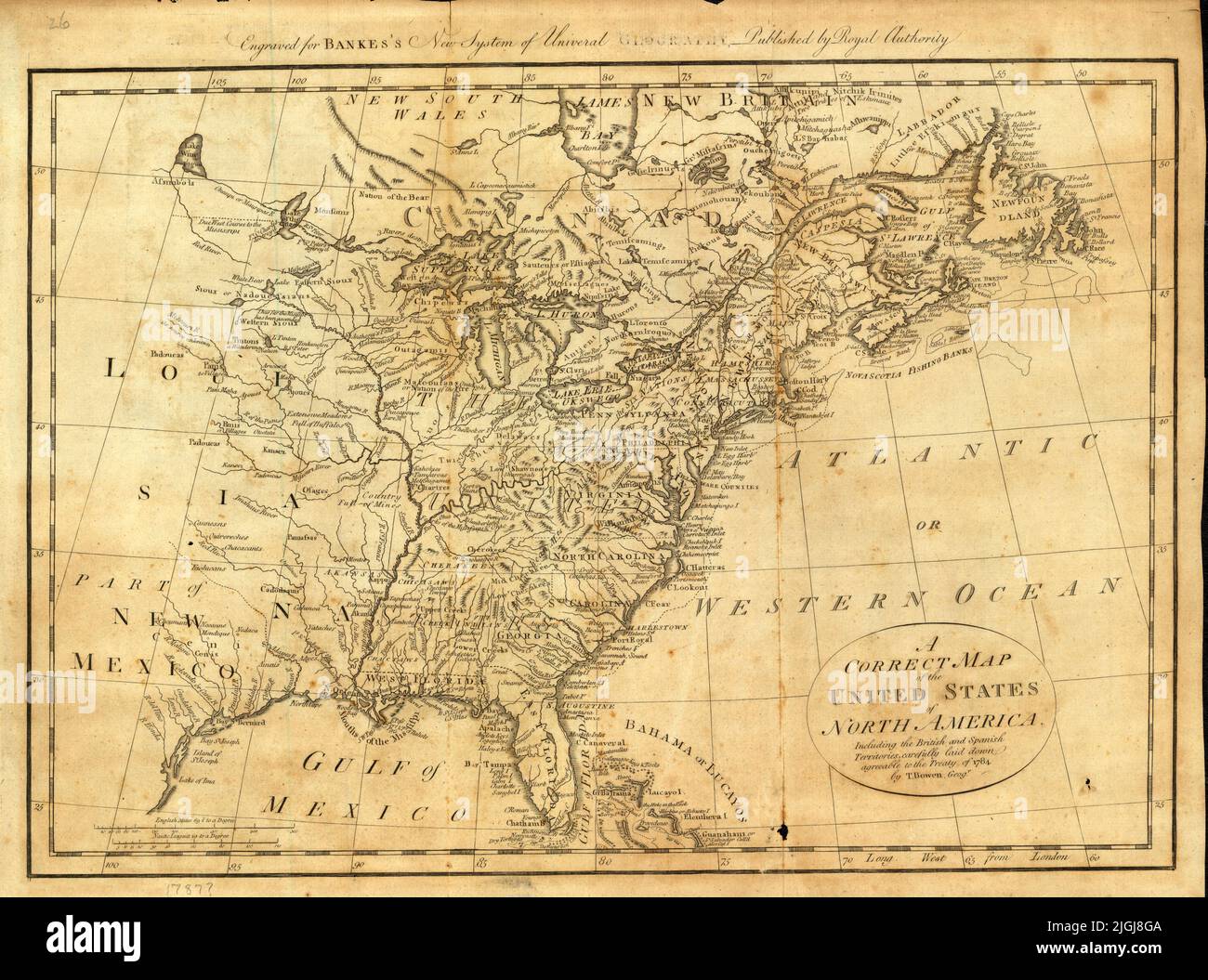 British map of the United States of North America, including British and Spanish Territories, circa 1787, by Thomas Bowen Stock Photo