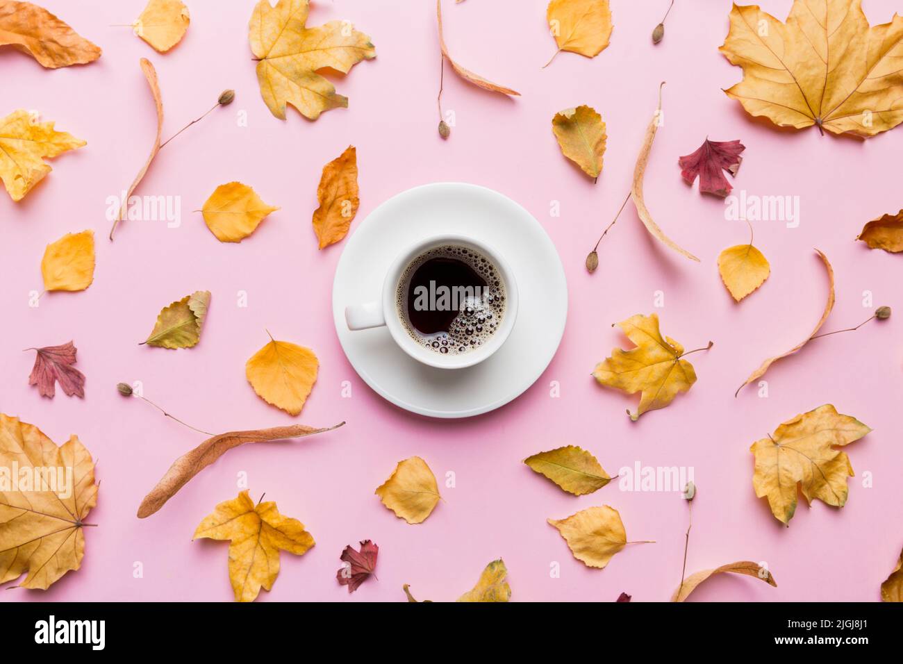 Flat lay composition with colorful Autumn cup of coffee and leaves on a ...