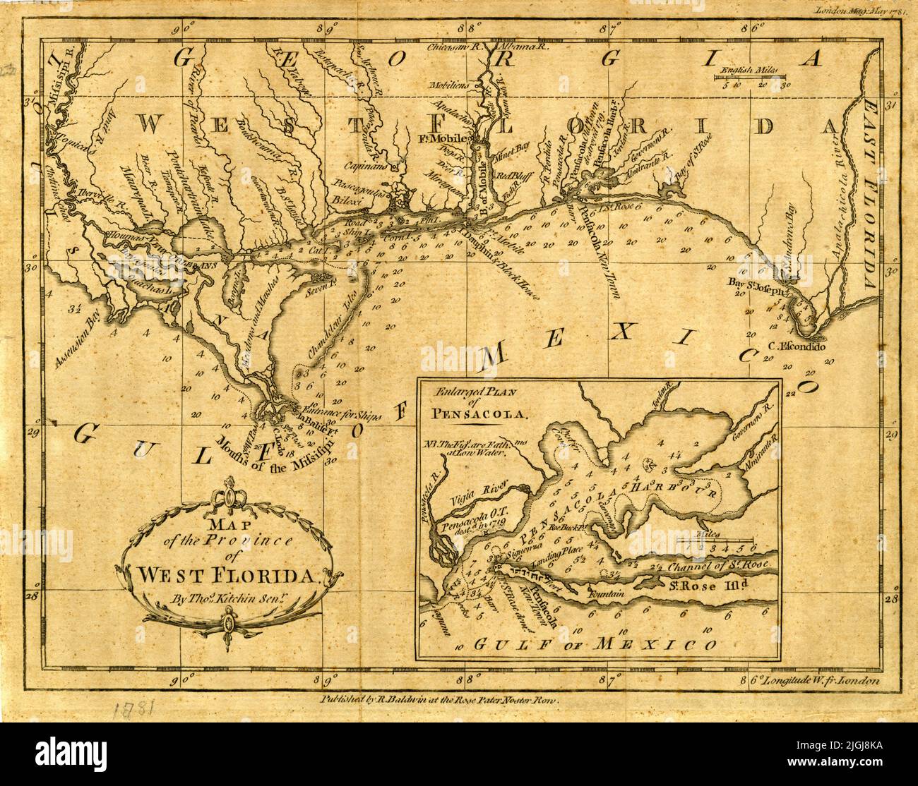Map of the Province of West Florida, 1781, by Thomas Kitchin Stock Photo