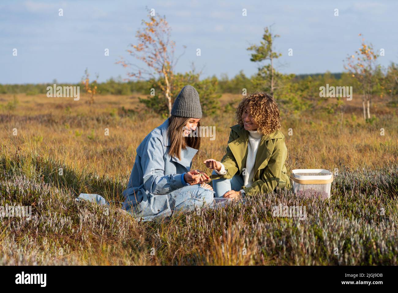 Seasonal berries. Two happy girlfriend on swamp collecting cranberries during picnic. Autumn leisure Stock Photo
