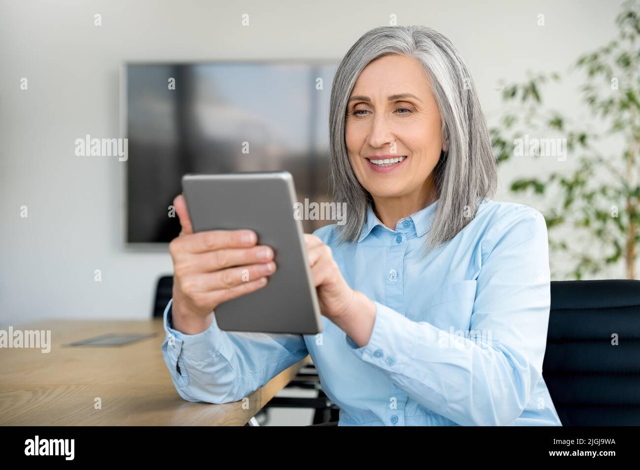 Smiling mature businesswoman sit in office and using digital tablet Stock Photo