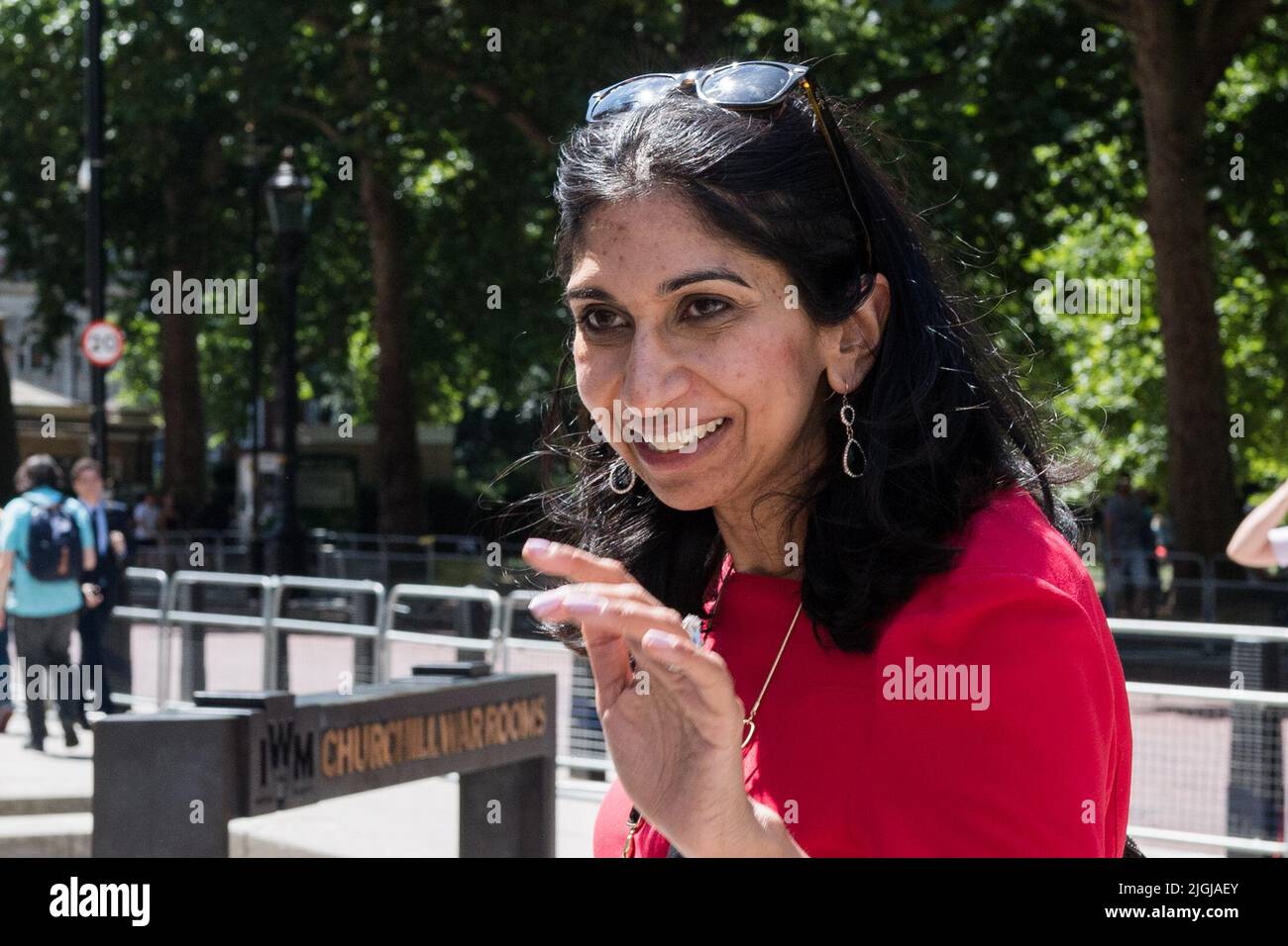 London, UK. 11th July, 2022. Conservative Party leadership hpeful and Attorney General Suella Braverman arrives at the Churchill War Rooms in Westminster to take part in unveiling of the tax cut manifesto event organised by Conservative Way Forward campaigning group. The detailed timetable of the contest to find Boris Johnson's successor following his resignation as the leader of the Conservative Party will be set following the election of a new 1922 Committee executive on Monday evening. Credit: Wiktor Szymanowicz/Alamy Live News Stock Photo