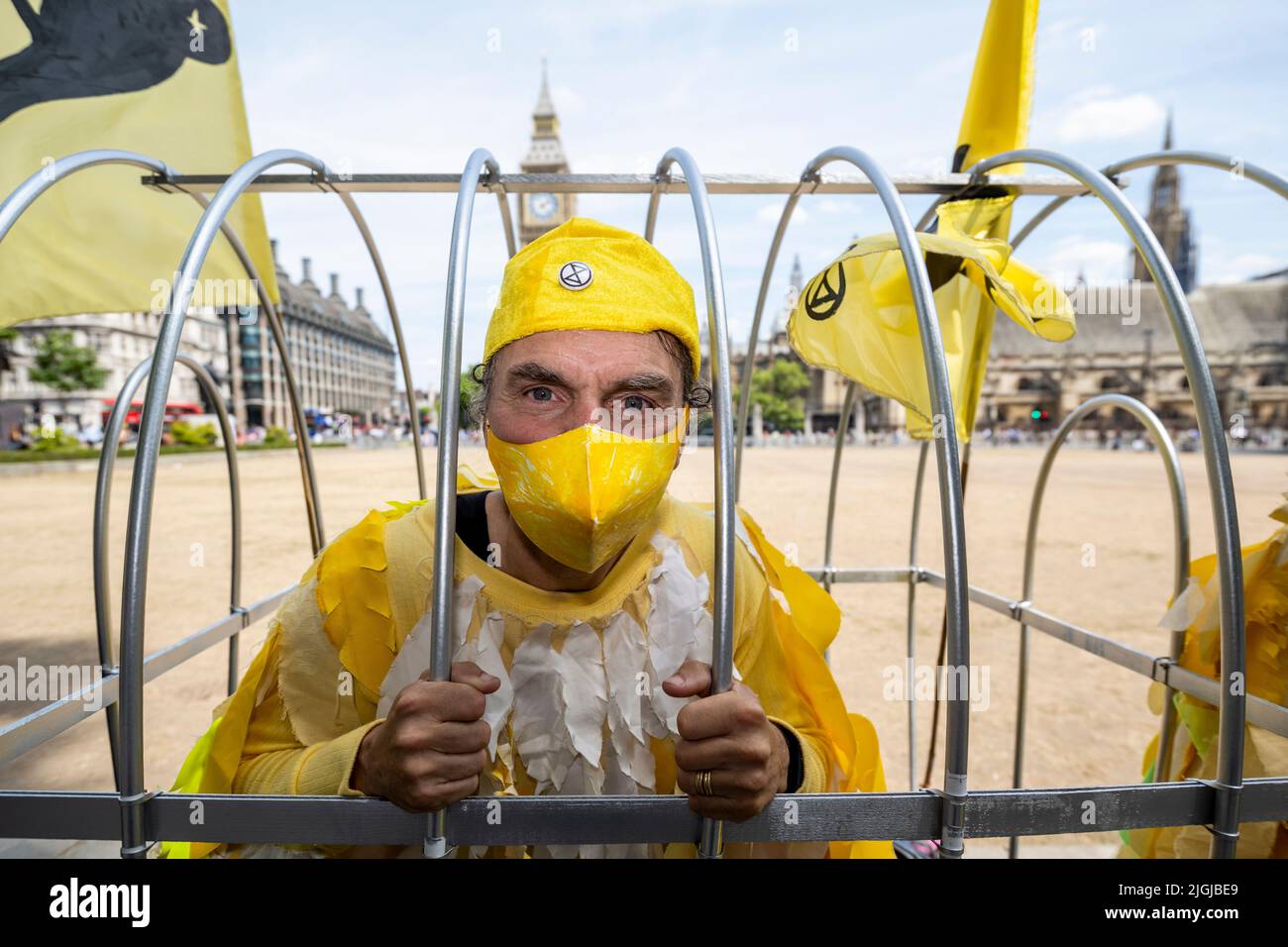 London, UK.  11 July 2022.  One of several members of Extinction Rebellion (XR), dressed as canaries in a coal mine, take part in a protest in Parliament Square calling for a stop to new coal mines in the UK. Credit: Stephen Chung / Alamy Live News Stock Photo