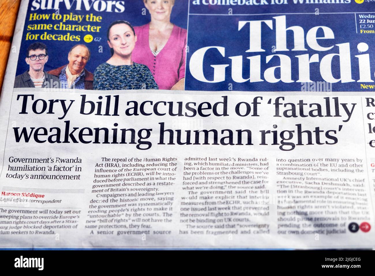 'Tory bill accused of 'fatally weakening human rights' Guardian newspaper ECHR headline front page 22 July 2022 London UK Stock Photo
