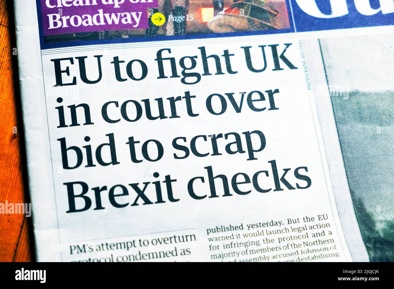 'EU to fight UK in court over bid to scrap Brexit checks' Guardian newspaper headline Northern Ireland protocol front page 14 June 2022 London UK Stock Photo
