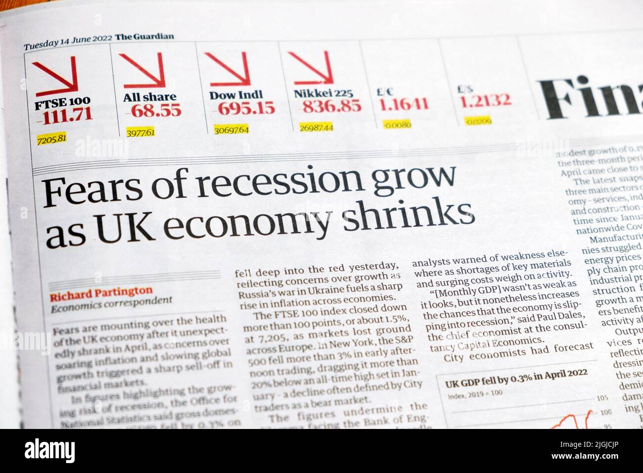 'Fears of recession grow as UK economy shrinks' Financial Guardian newspaper headline on 14 June 2022 London England UK Stock Photo