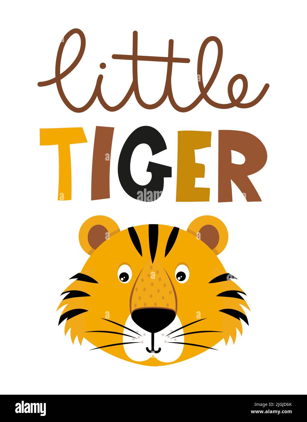 Little Tiger - funny Tiger character drawing. Lettering poster or t shirt textile graphic design.  Cute lion character illustration. Handwritten text. Stock Vector