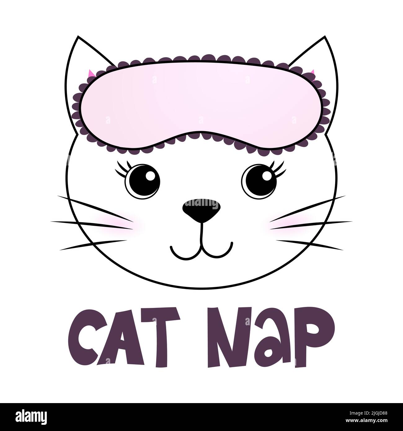 Cat nap - funny doodle, Cat with sleeping mask, stars, hearts. Cartoon background, texture for bedsheets, pajamas. Stock Vector