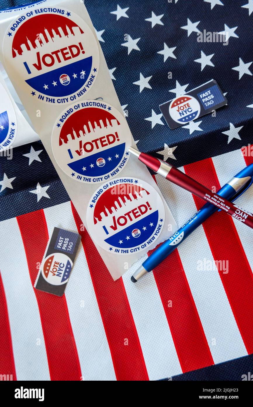 2022 Primary Election, I Voted Items  and American Flag,, NYC, USA Stock Photo