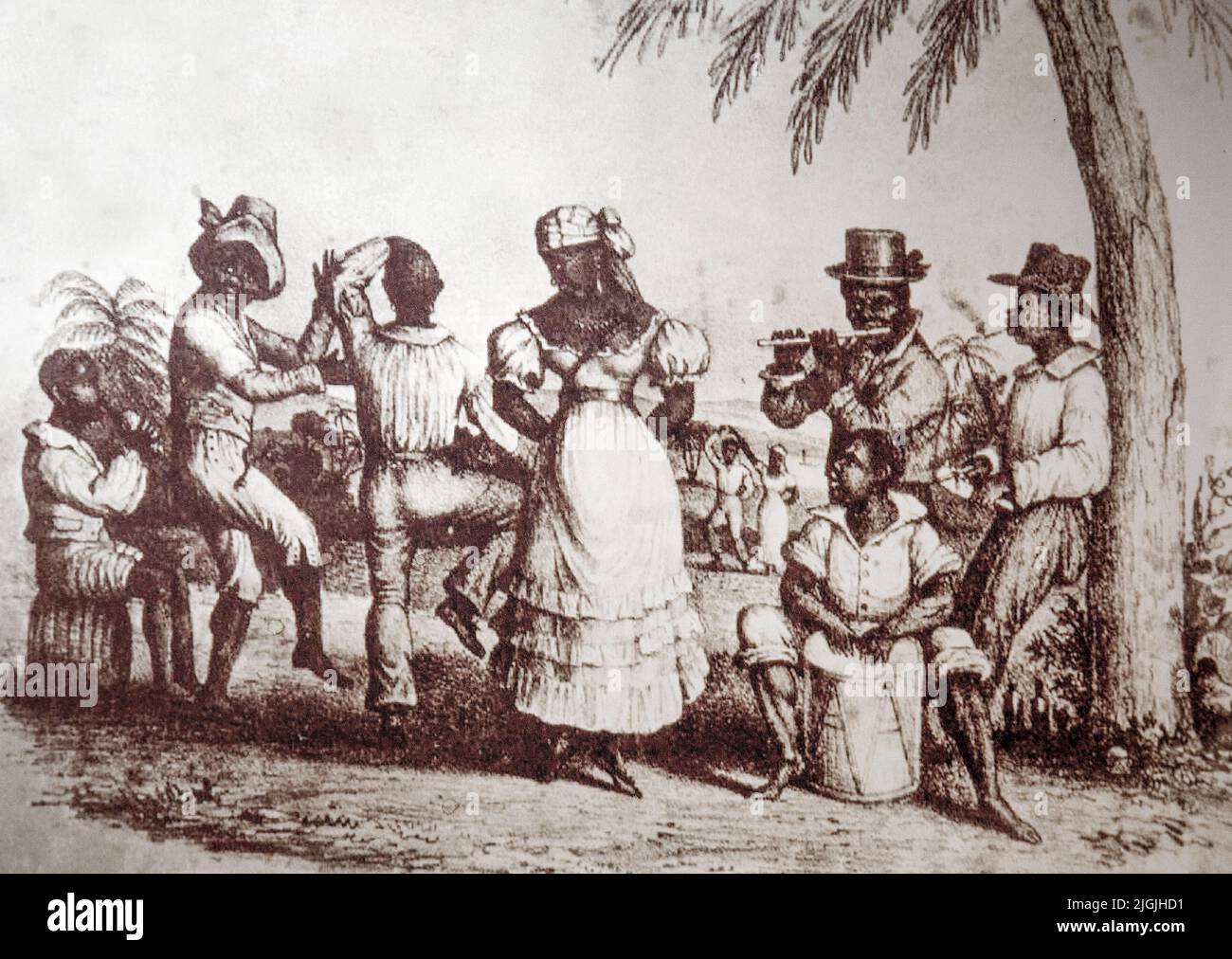 Jamaica, Kingston. Institute of Jamaica and the music department of it.Dance and music on the plantation in slavery times Stock Photo