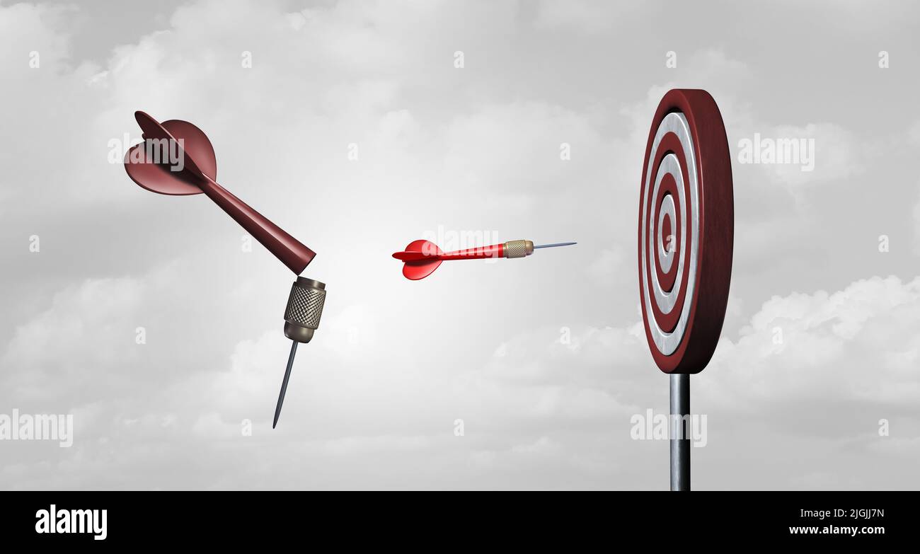 Plan B Business mission goal as an alternative strategy and new plan for success after failure with a second successful dart focused on a bullseye. Stock Photo