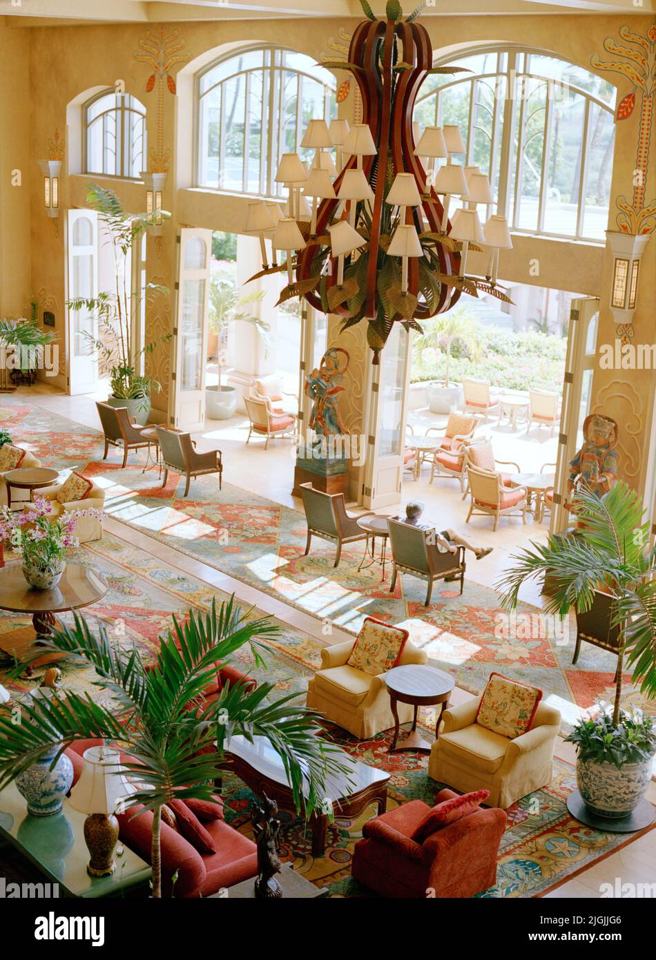 Hawaiian Hotel Lobby. The interior of the Four Seasons Resort Lana'i at Manele Bay. Lana'i, Hawaii, USA. Stock Photo