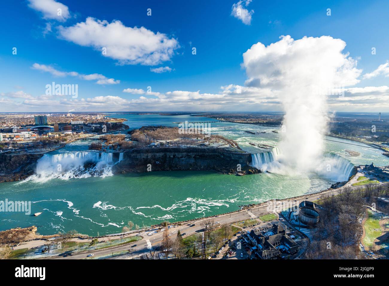 Overlooking the Niagara Falls ( American Falls and Horseshoe Falls ) in a sunny day. Stock Photo