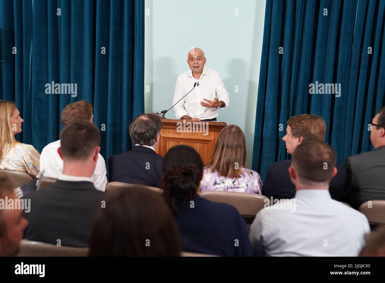 Sajid Javid speaking at the launch of his campaign to be Conservative Party leader and Prime Minister, at the Cinnamon Club in London. Picture date: Monday July 11, 2022. Stock Photo