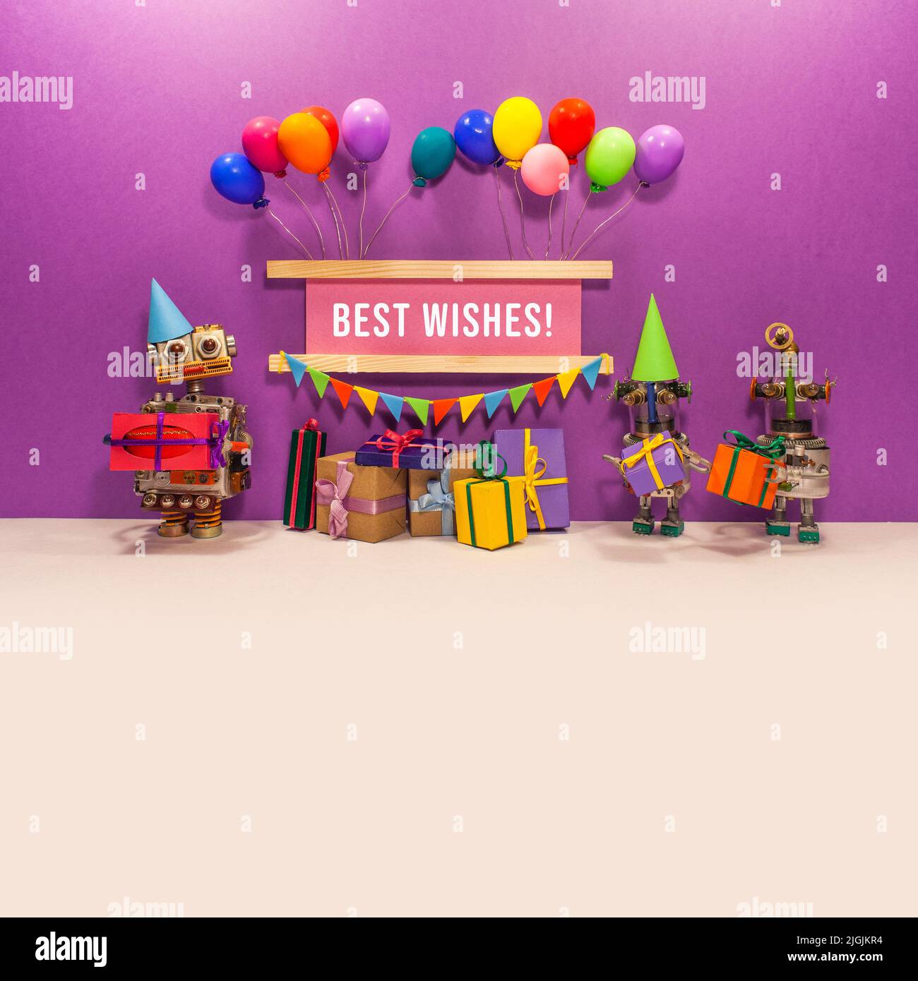Best wishes card. Festive congratulation poster birthday, anniversary or any holiday. Robots with gifts, boxes. Garland of flags, balloons. copy space Stock Photo