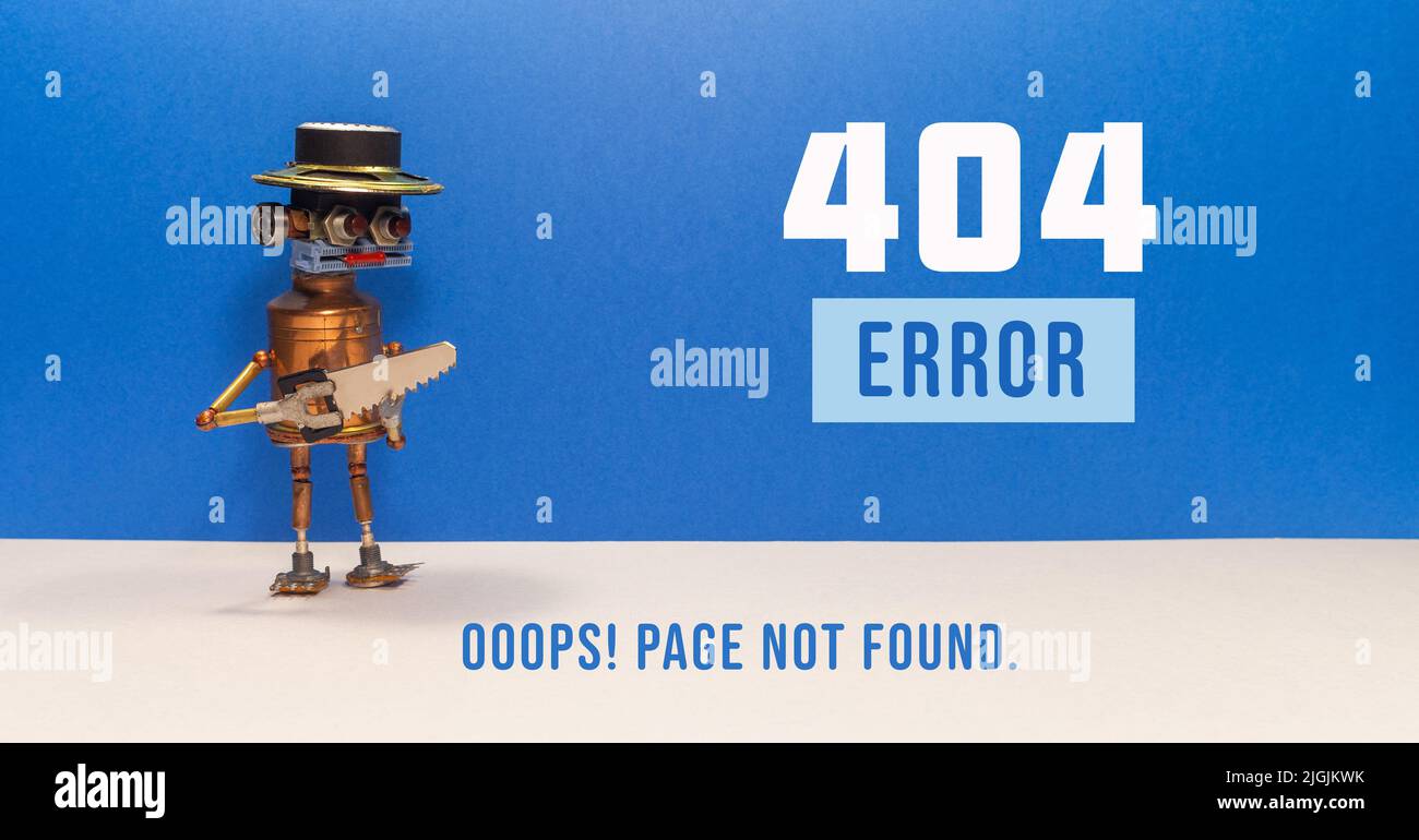 404 error page not found. Toy serviceman robot with saw on blue beige background. Stock Photo