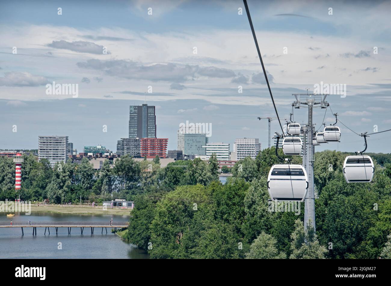 Almere, The Netherlands, July 6, 2022: view from a ropeway gondola over the Floriade expo with the city center in the background Stock Photo