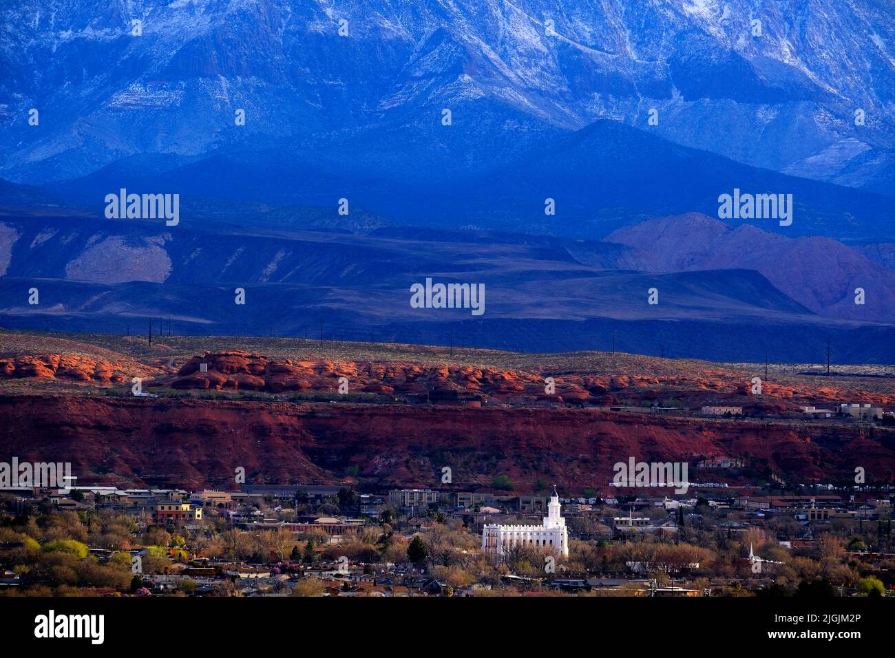 View of St. George Utah valley with Mormon LDS Temple red rocks and ...