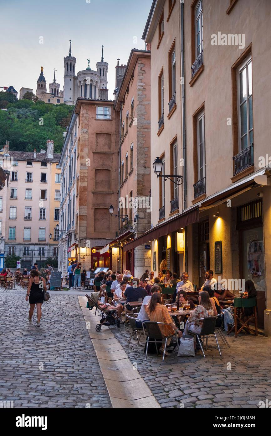 Street Restaurants at Old City Center Vieux Lyon, UNESCO World Heritage Lyon, Rhone Alps, France Stock Photo
