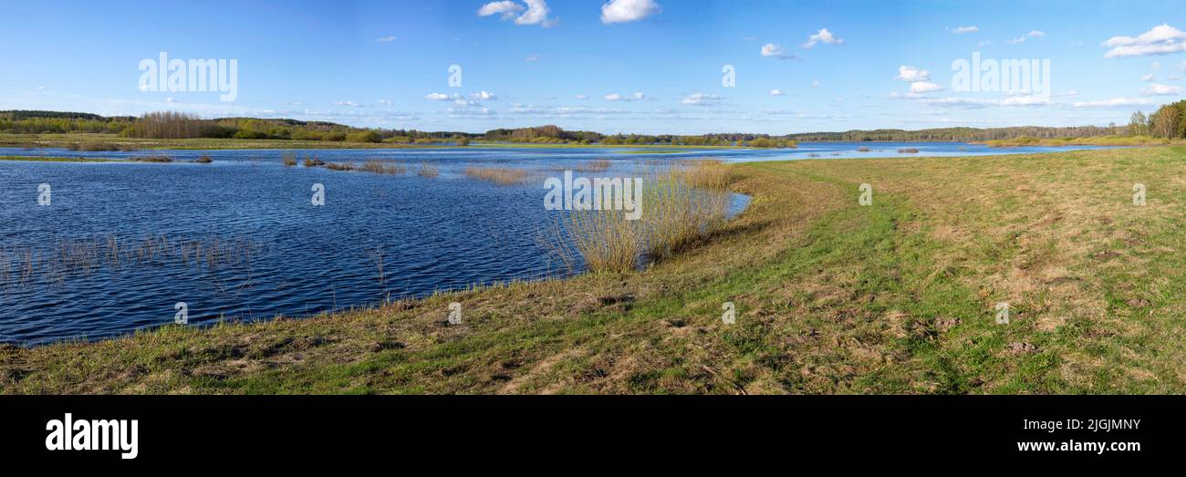 Panorama of the Sorot River on a sunny spring day. Pskov region, Russia Stock Photo