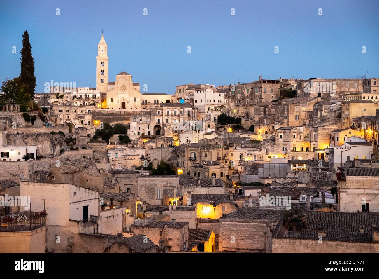 Convicinio di Saint'Antonio on top of hill with Sassi and homes, Matera,Basilicata, Italy Stock Photo