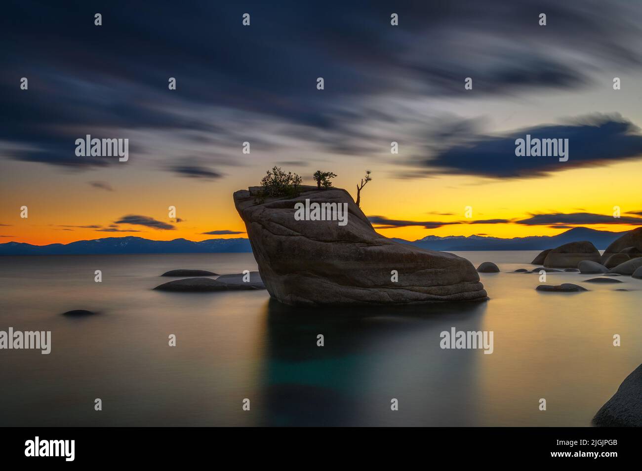 Dramatic sunset over the Bonsai Rock of Lake Tahoe, Nevada Stock Photo