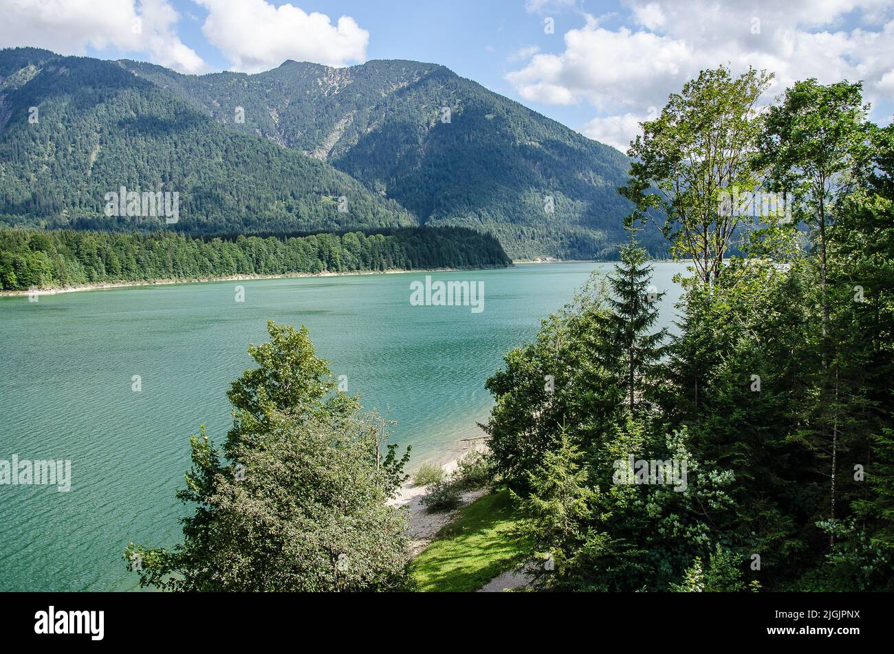 Located in Upper Bavaria Sylvenstein Lake (or Sylvenstein Dam) is one of the most exciting sites in the Isar Valley. Stock Photo