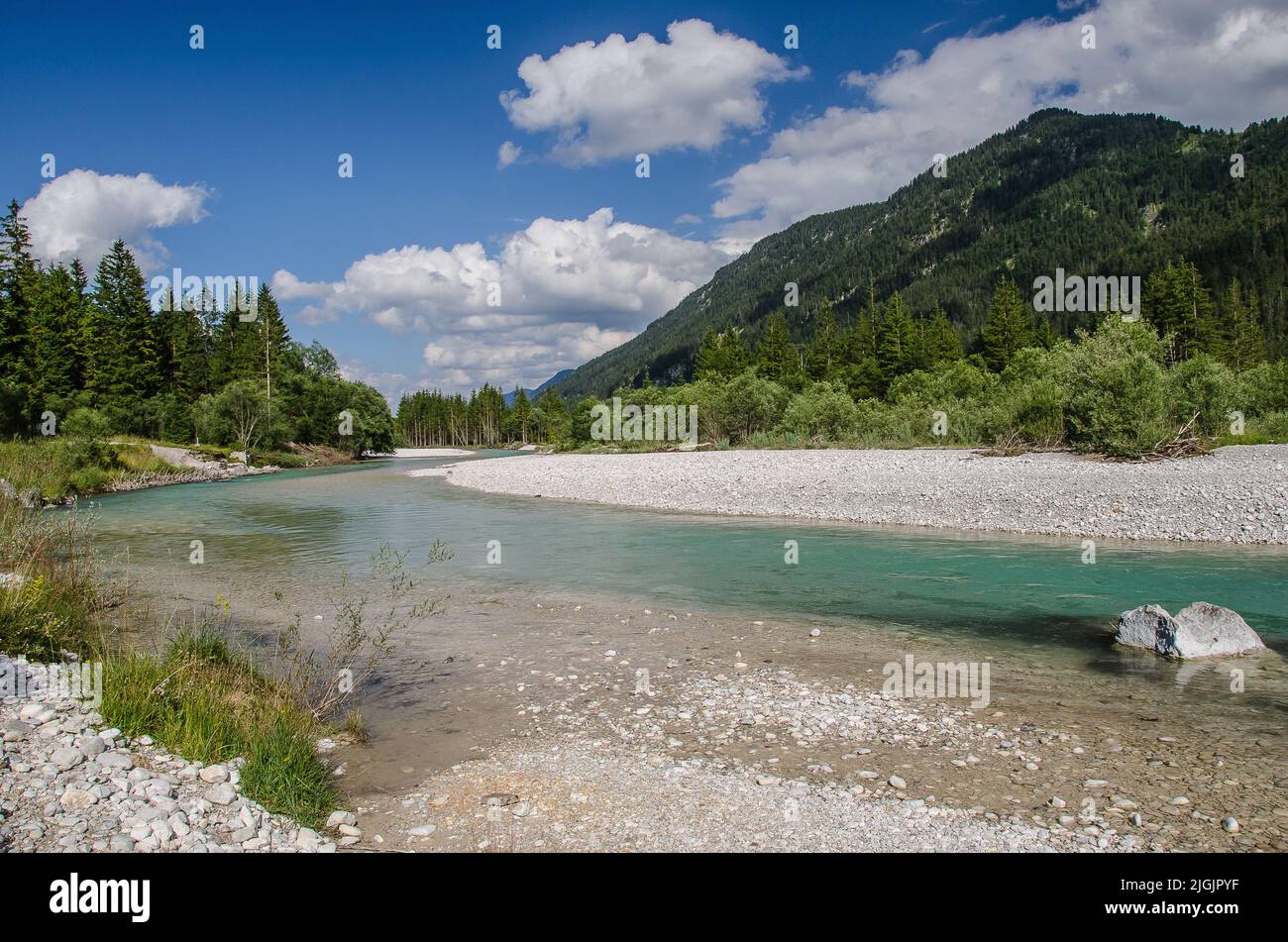 View of the  Isar River before it flows into Sylvenstein Lake in the Bavarian Alps Stock Photo