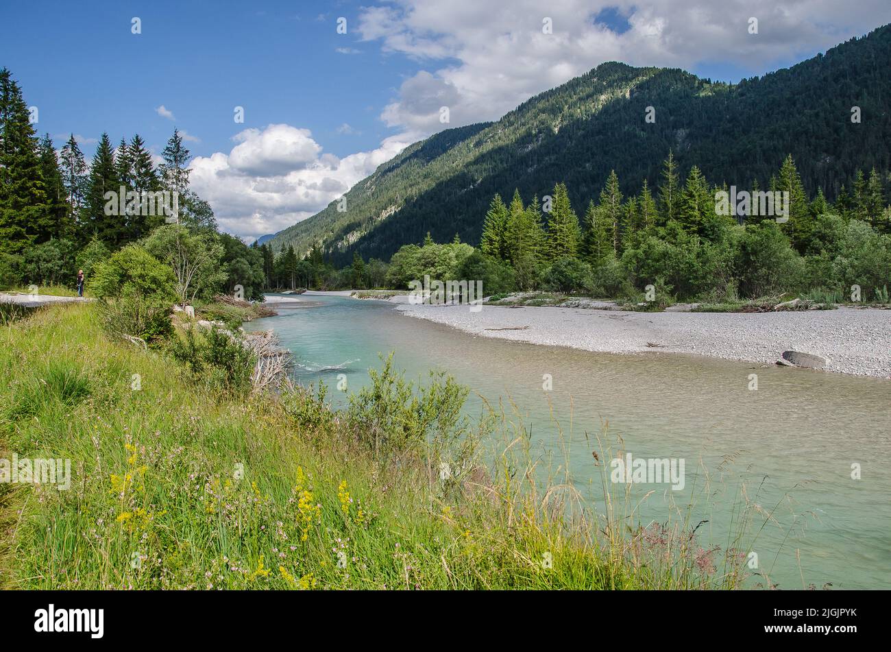 View of the  Isar River before it flows into Sylvenstein Lake in the Bavarian Alps Stock Photo