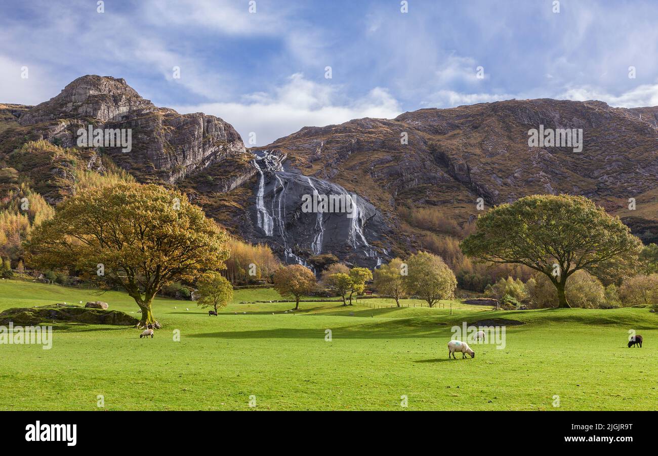 Waterfall at Gleninchaquin Park, Beara, Wild Atlantic Way, co Kerry, Ireland Stock Photo