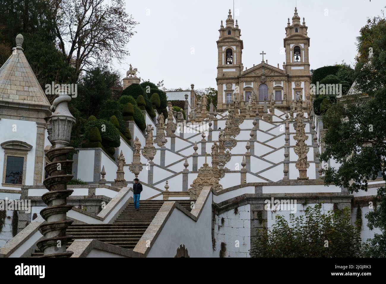 Zig zag stairway and church of the Sanctuary Bom Jesus do Monte in  in Tenões, outside the city of Braga, in northern Portugal Stock Photo