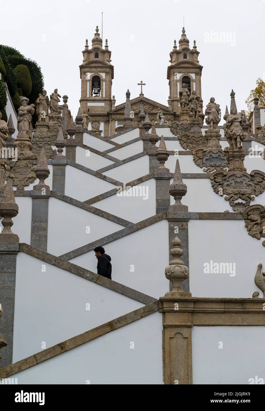 Zig zag stairway and church of the Sanctuary Bom Jesus do Monte in  in Tenões, outside the city of Braga, in northern Portugal Stock Photo