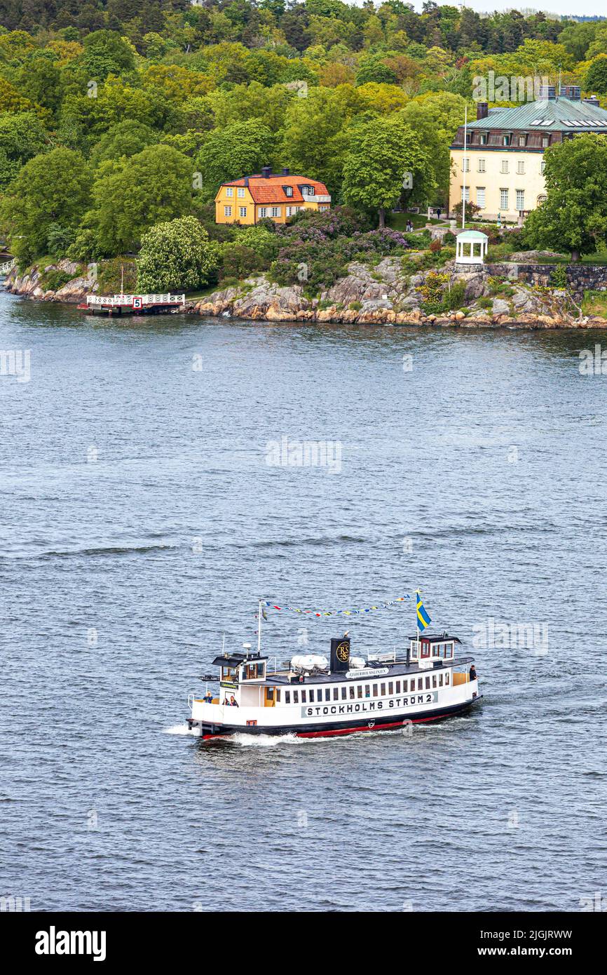 Vintage tourist boat Stockholms Strom 2 (built 1894) off Djurgården Island in the Stockholm Archipelago, Sweden Stock Photo