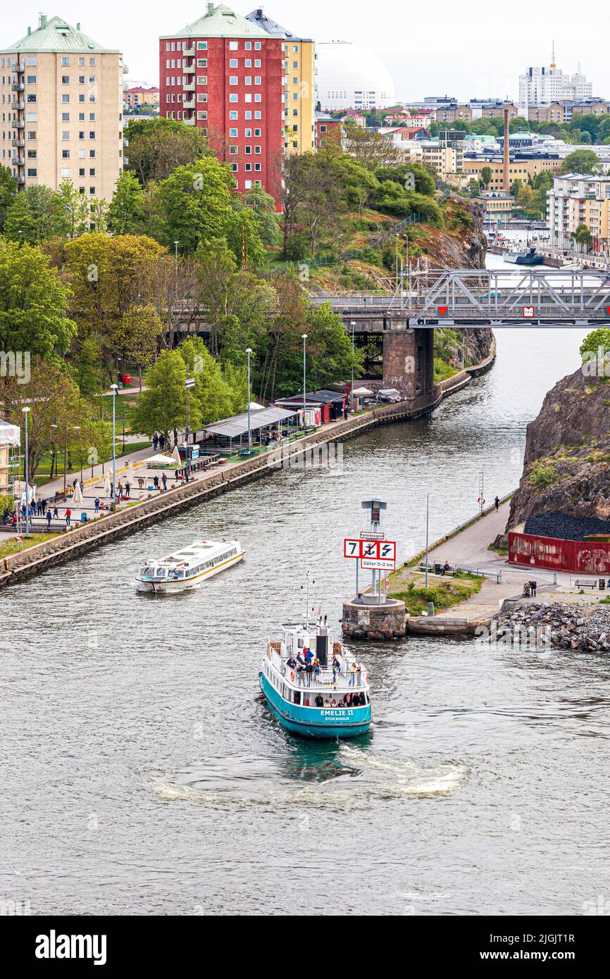 The MS Emelie II ferry entering the Sickla Canal on the outskirts of Stockholm, Sweden Stock Photo